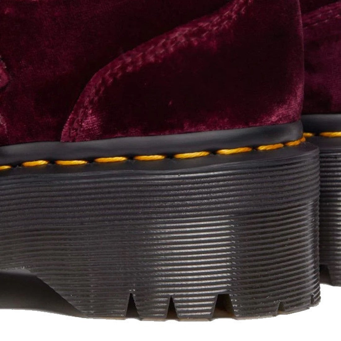 Close-up of the Dr Martens Addina Vegan Cherry Red Velvet Mary Jane Quad Platform, featuring yellow stitching and a thick, ridged quad sole with Goodyear-welted construction., 41974, 41975, 190665691160, 190665691177, 190665691207