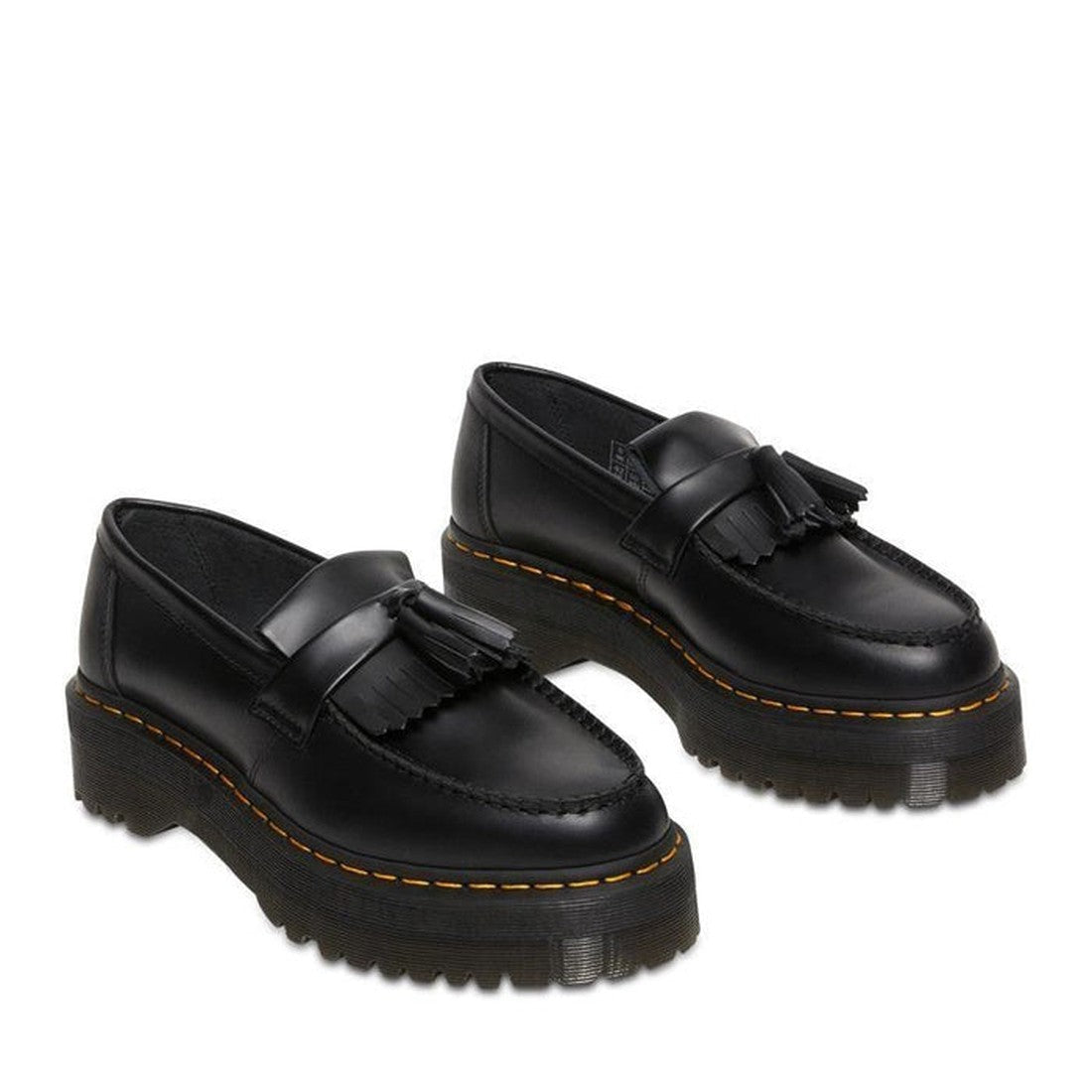 The Dr Martens Adrian Quad Black Smooth Loafer Shoes are Goodyear-welted black leather loafers with chunky soles, decorative tassels, and signature yellow stitching around the sole., 30429, 30437, 190665522402, 190665522419, 190665522426, 190665522433, 19