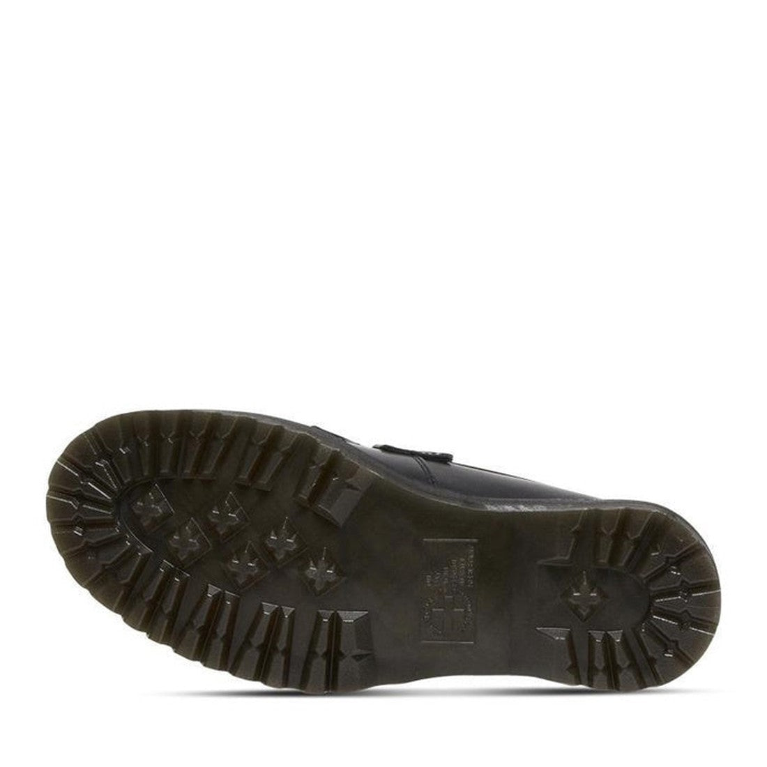 The image shows the underside of Dr Martens Adrian Quad Black Smooth Loafer Shoes with a thick, rugged, non-slip rubber sole featuring deep treads and star-shaped patterns, photographed against a plain white background., 30429, 30437, 190665522402, 190665