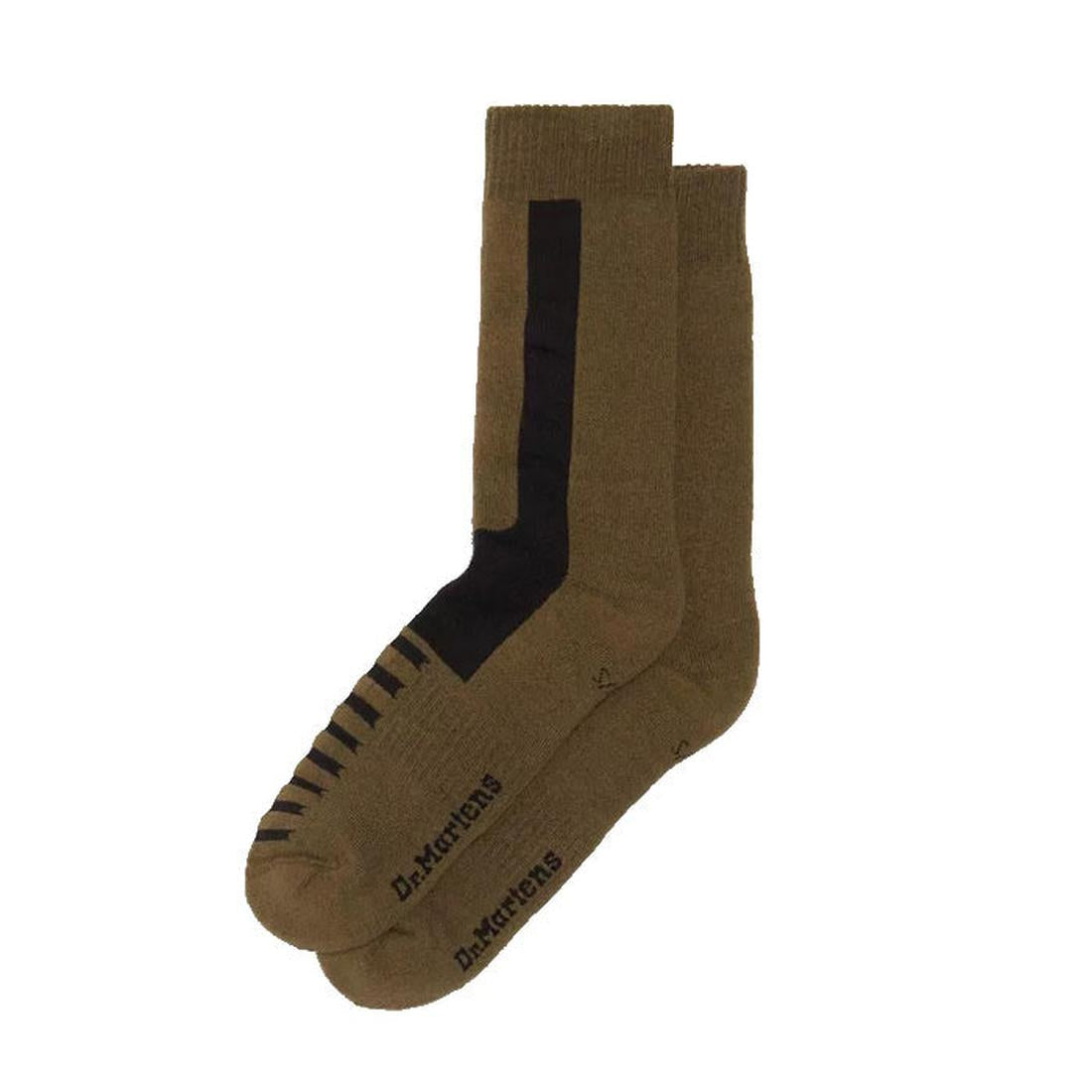 The Dr Martens Socks Double Doc Sock Olive Unisex offers comfy olive green crew socks with black stripes, cushioned soles, and no-slip fit.  ksnz, 190665728279, 190665728262