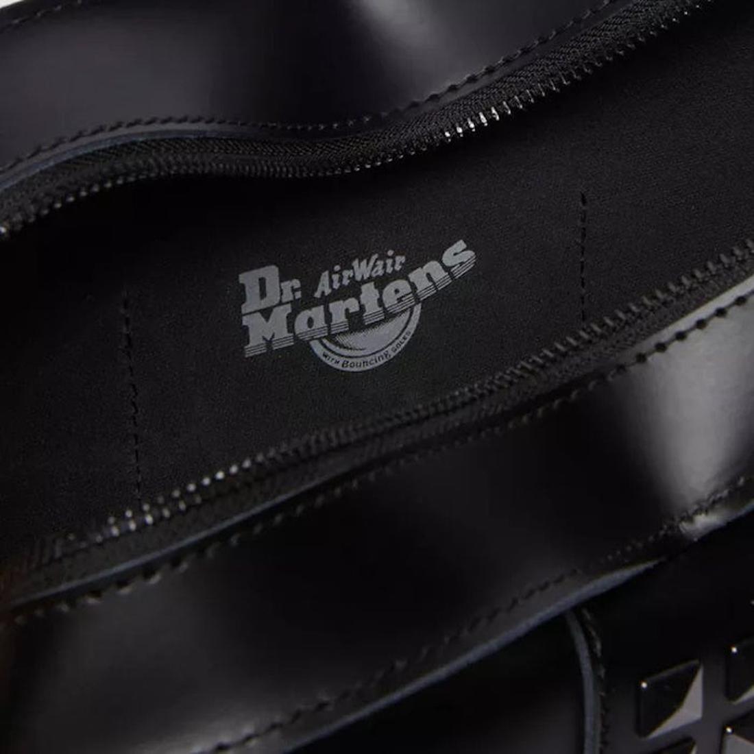 Dr Martens Heart Shaped Bag in classic black Kiev leather, comfy sole, secure zipper closure, and AirWair logo on the insole.  ksnz, 190665728408