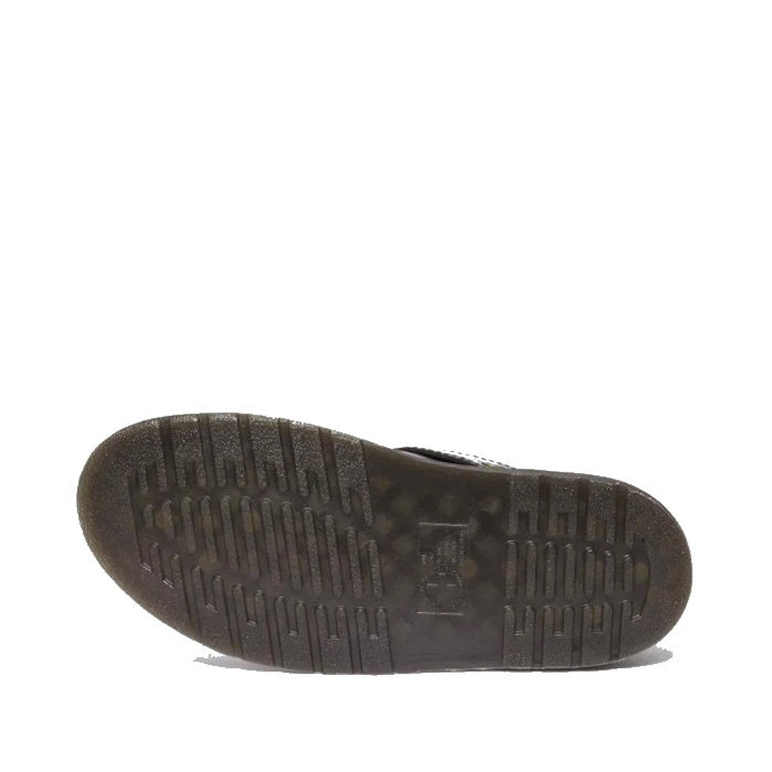The image displays the bottom view of a single worn Dr Martens Laketen Black Atlas Archive Mule Slide Sandal, featuring a dark, textured sole with horizontal ridges and a central rectangular tread area against a plain white background., 190665644302, 190665644319, 190665644333, 190665644340, 190665644357