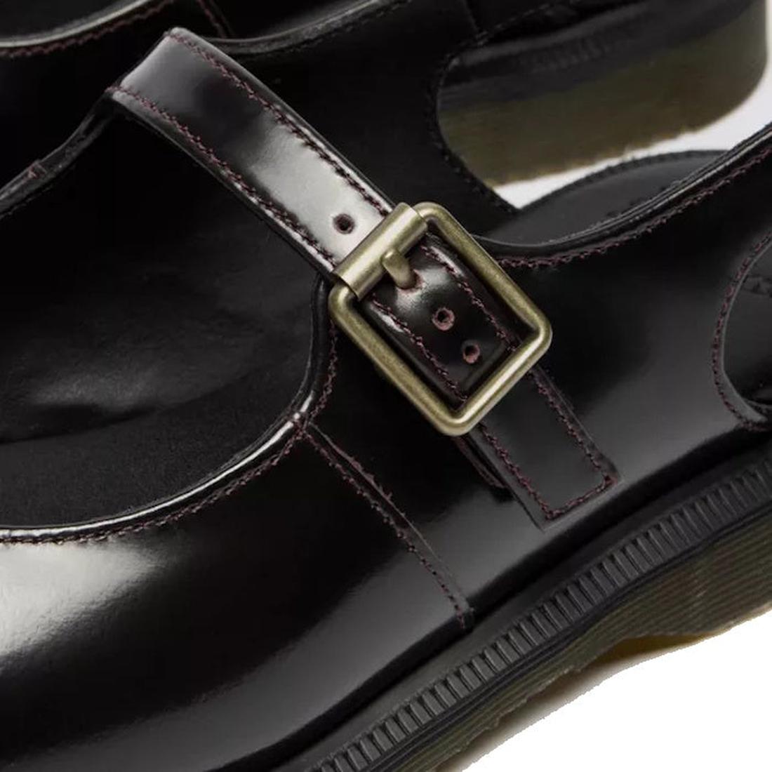 Close-up of Dr Martens Madaline Cherry Red Arcadia Women's Slingback Mary Jane Shoes with a silver buckle strap, Goodyear welted sole, and visible stitching in polished smooth leather., 52343, 190665775976, 190665775983, 190665776003, 190665776010, 190665