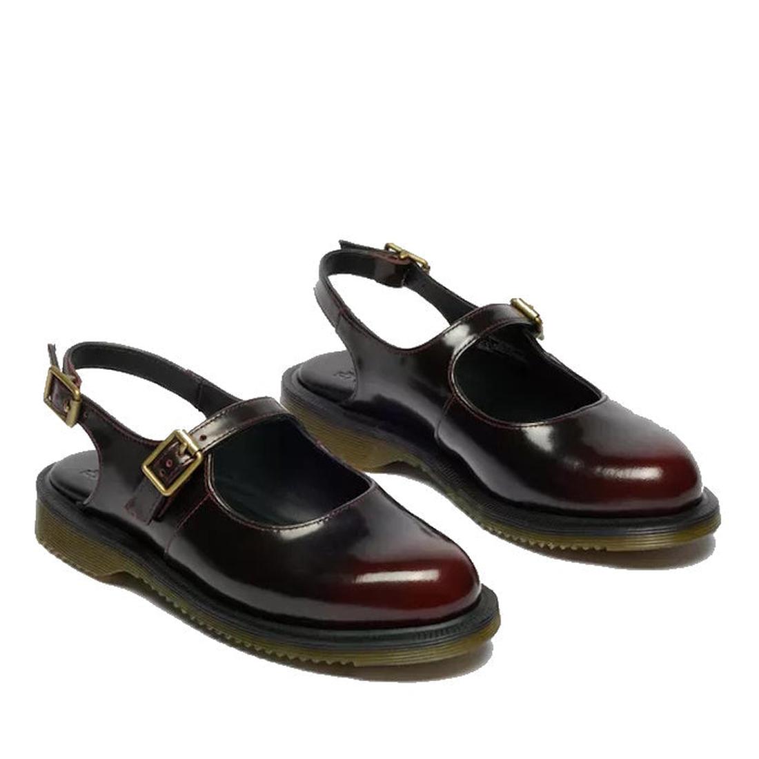 A pair of Dr Martens Madaline Cherry Red Arcadia Women’s Slingback Mary Jane shoes with open heels, gold buckles, chunky black soles with yellow stitching, made from Polished Smooth leather and Goodyear welted., 52343, 190665775976, 190665775983, 19066577