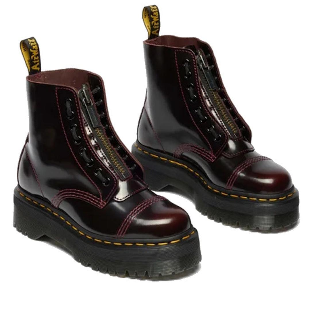 Dr. Martens Sinclair Cherry Red Arcadia Platform Boots with shiny red leather, comfy chunky sole, handy front zipper, and pink stitching.  ksnz, 51252, 190665278637, 190665278644, 190665278668, 51256
