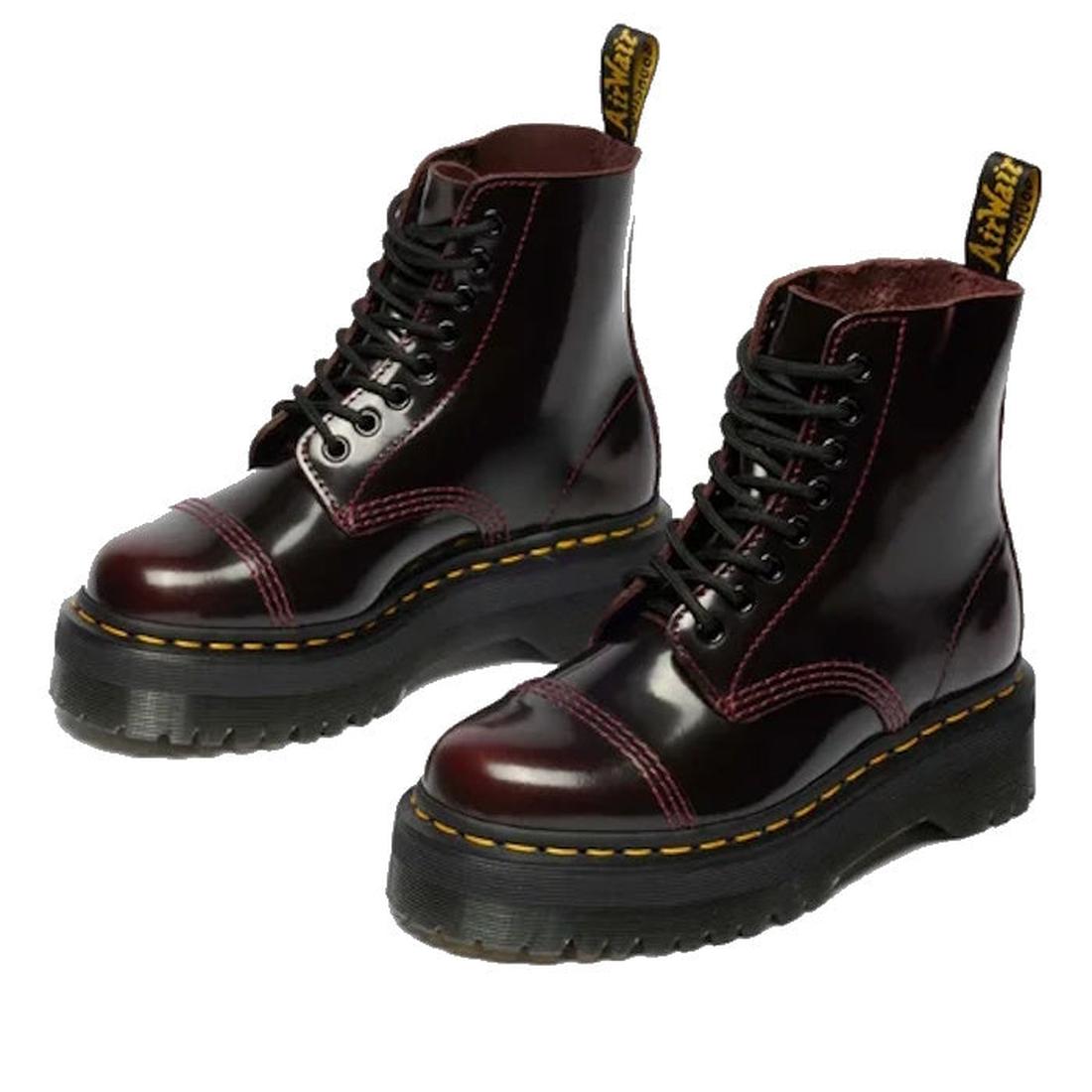 Dr Martens Sinclair Cherry Red Arcadia leather boots with sturdy black platform soles, secure black laces, and easy pull tabs.  ksnz, 51252, 190665278637, 190665278644, 190665278668, 51256