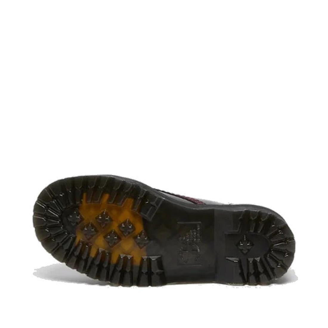 Dr Martens Sinclair Cherry Red Arcadia Boot shown from below, with a sturdy translucent sole and cheerful yellow touches. White backdrop.  ksnz, 51252, 190665278637, 190665278644, 190665278668, 51256