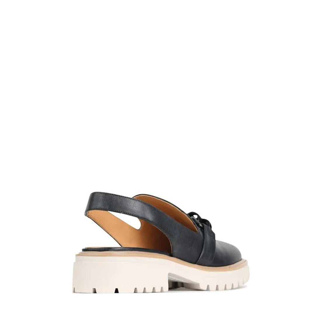 The EOS Ani Black Leather Sling Back Shoe features a chunky white sole, tread, and metal chain detail, shown from the back on a plain white background., 33748, 9321191121284, 9321191121291, 9321191121307, 9321191121314, 9321191121321, 33754