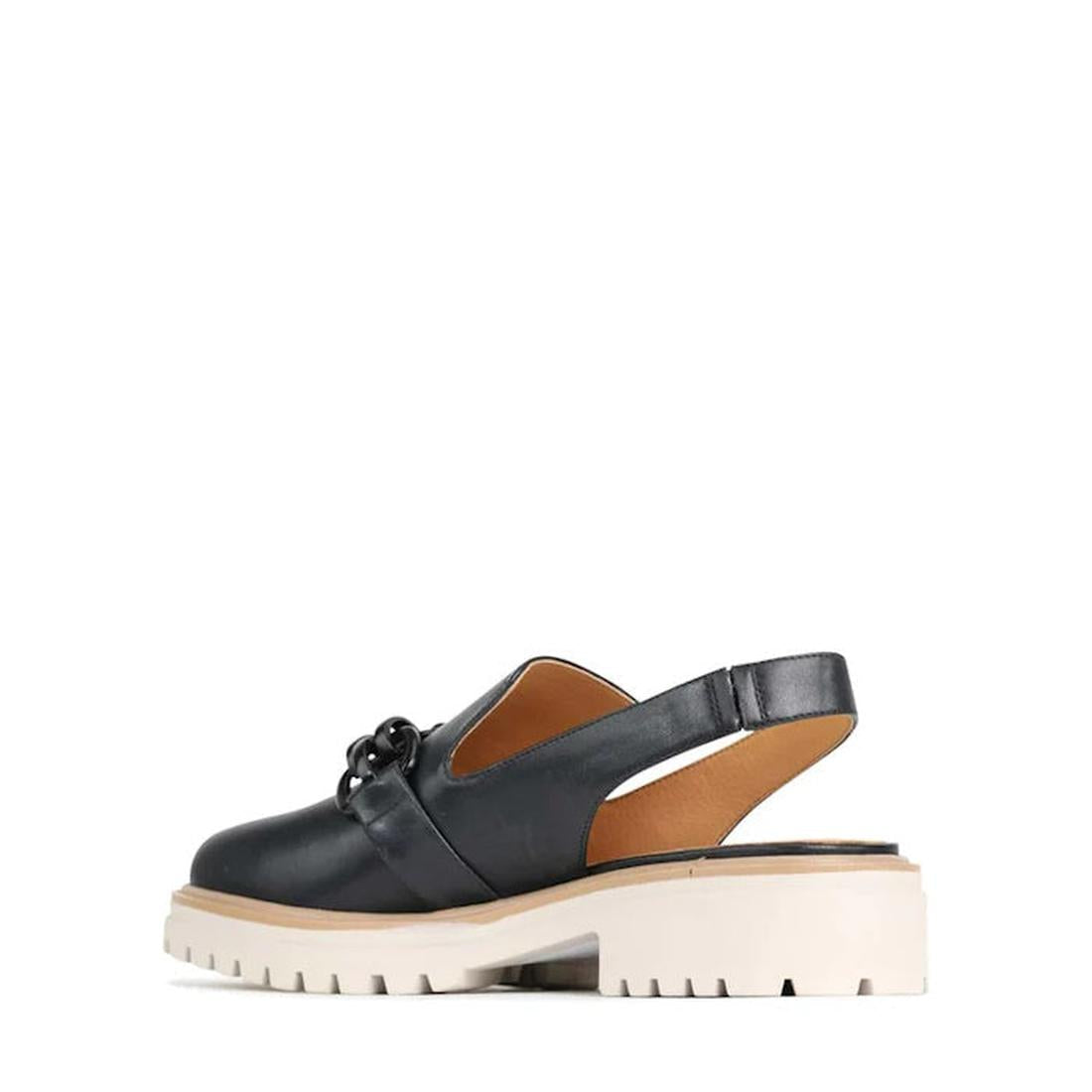 The EOS Ani Black Leather Sling Back Shoe features a chunky heel, metal chain detail, closed toe, and a chunky white lug sole, shown in left side profile on a white background., 33748, 9321191121284, 9321191121291, 9321191121307, 9321191121314, 9321191121