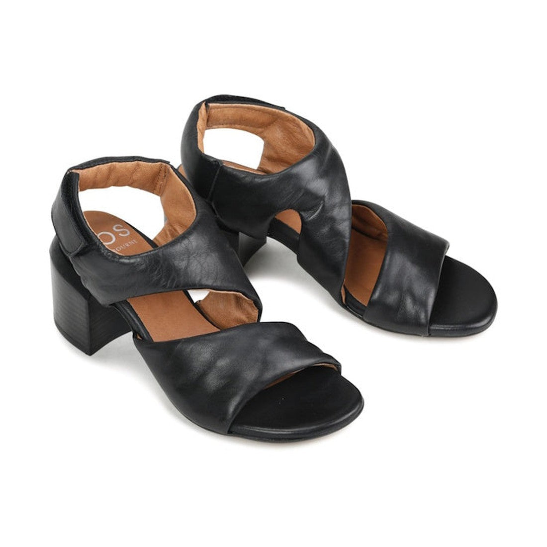 EOS Charbel Women's Sandals in black leather, with comfy block heels, wide straps, tan soles, and open toes on a white background.  ksnz, 9321191240237, 9321191240244, 9321191240251, 9321191240268, 9321191240275