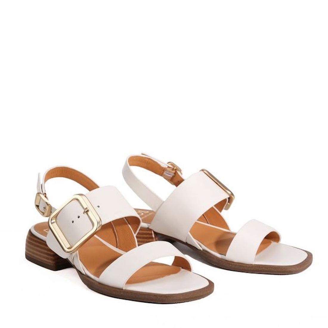 The EOS Ikam Womens Bone Leather Low Heeled Sandal w/Back Strap features wide straps, gold buckle details, a square toe, and low wooden block heels, displayed against a plain white background., 9321191304984, 9321191304991, 9321191305004, 9321191305011, 9