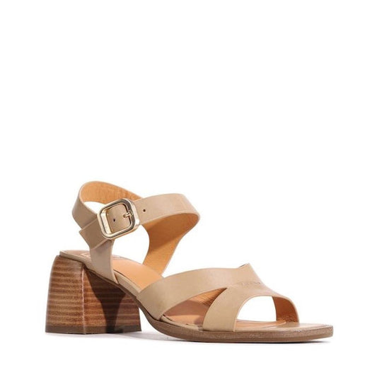 EOS Isoken Desert Women's Heeled Sandal in beige cashmere leather, cozy strappy fit, sturdy block sole, gold buckle ankle closure.  ksnz