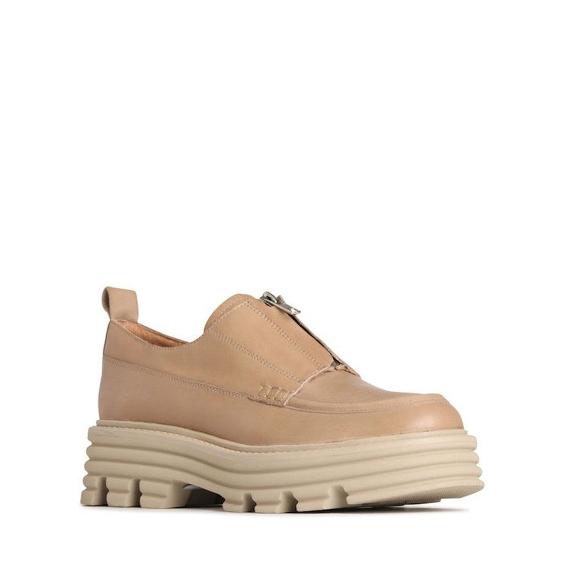 EOS Jazzy Taupe Leather Zip Top Shoe—a comfy sneaker in soft taupe, with chunky beige soles, zipper closure, and handy heel tab.  ksnz