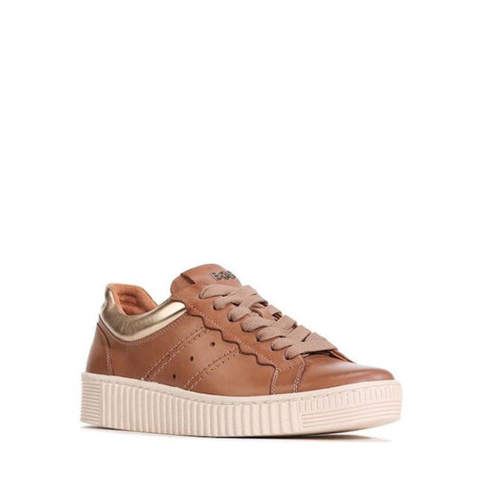 The EOS Jolie Pecan Leather Trainer With Zip is a brown Italian Aniline leather low-top sneaker with beige laces and sole, metallic gold ankle detailing, visible stitching, textured sole, and delivers exceptional comfort.
