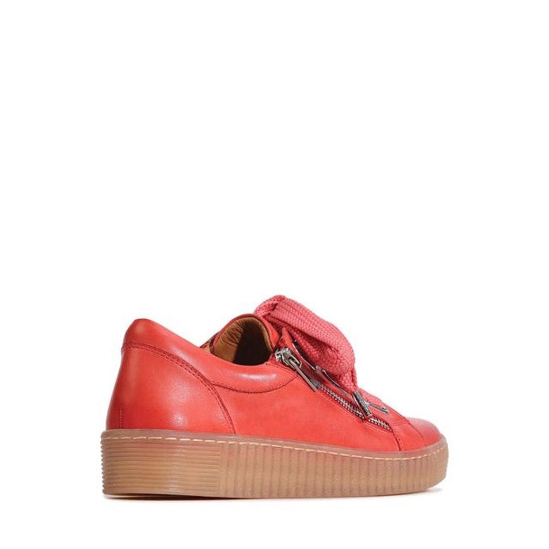 The EOS Jovi Sunset Coral Women's Leather Trainer features lace-up and zip closure, crafted in cashmere leather with a thick rubber sole and matching red details, displayed on a plain white background., 47228, 9321191308838, 9321191308845, 9321191308852, 