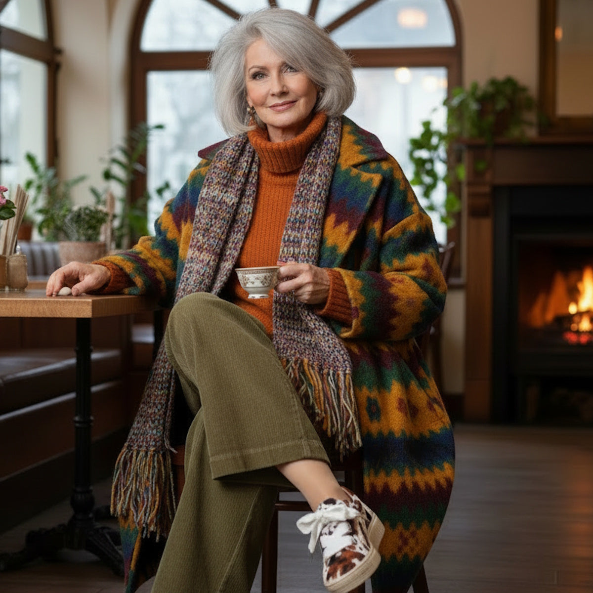 Woman sitting in a cozy room with a fireplace, wearing a colorful coat and holding a cup. Wearing EOS Jovi sneakers in Pony haire with white, brown, black camo like bovine pattern.,  9321190036015, 9321190036022, 9321190036039, 9321190036046, 932119003605