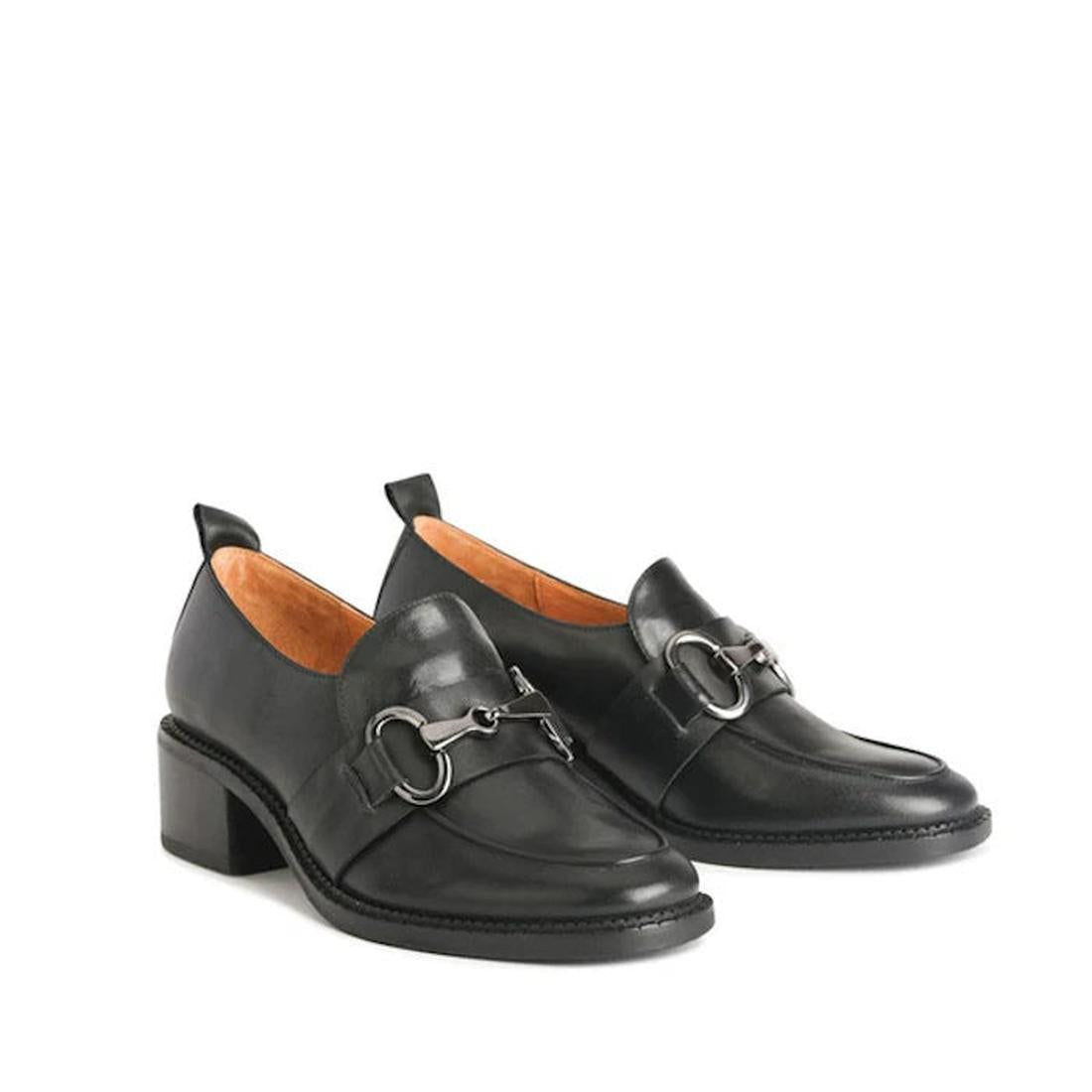 EOS Keily Black Leather Heeled Loafer—comfortable black loafer with chain accent, silver buckle, sturdy sole, and easy slip-on style.  ksnz, 9321191193403, 9321191193410, 9321191193427, 9321191193434