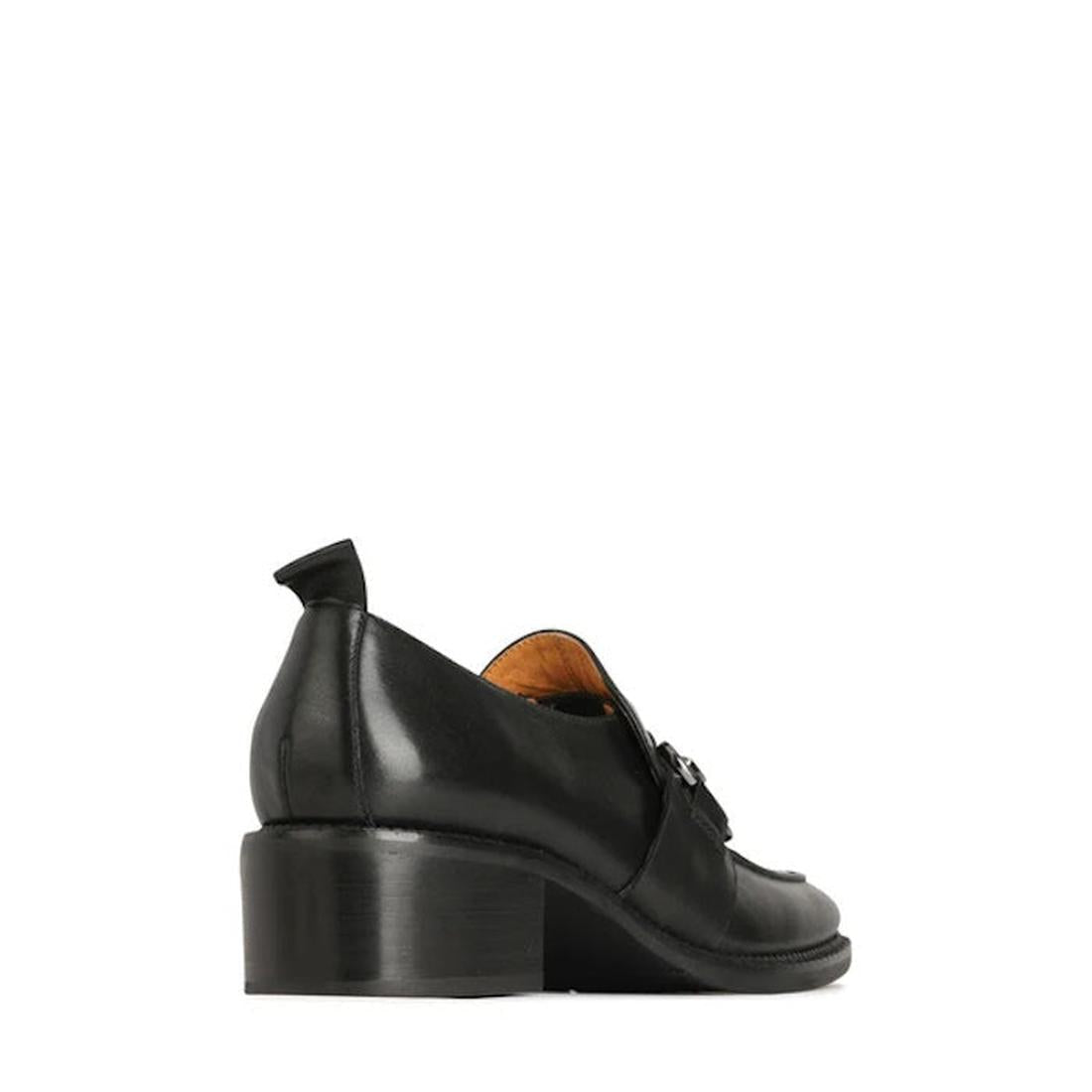 The EOS Keily Black Leather Heeled Loafer is shown from the back side, with a sturdy block heel, comfy sole, and chain accent on top.  ksnz, 9321191193403, 9321191193410, 9321191193427, 9321191193434