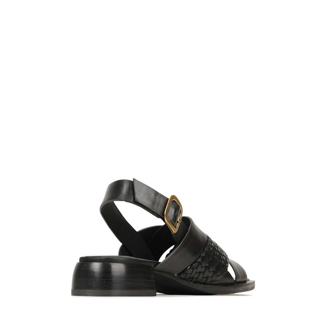 EOS Laticia Black Leather Sandal with comfy mini block heel, woven finish, secure buckle closure, and supportive back strap. Side view.  ksnz, 9321191222943, 9321191222950, 9321191222967, 9321191222974, 9321191222981