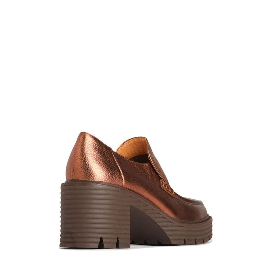 The EOS Malia Rusty Metallic Heeled Leather Shoe is a copper loafer made from cashmere leather, featuring a chunky, ridged dark brown block heel. Shown from the rear side angle against a plain white background. Ideal for block heel lovers., 36555, 9321191