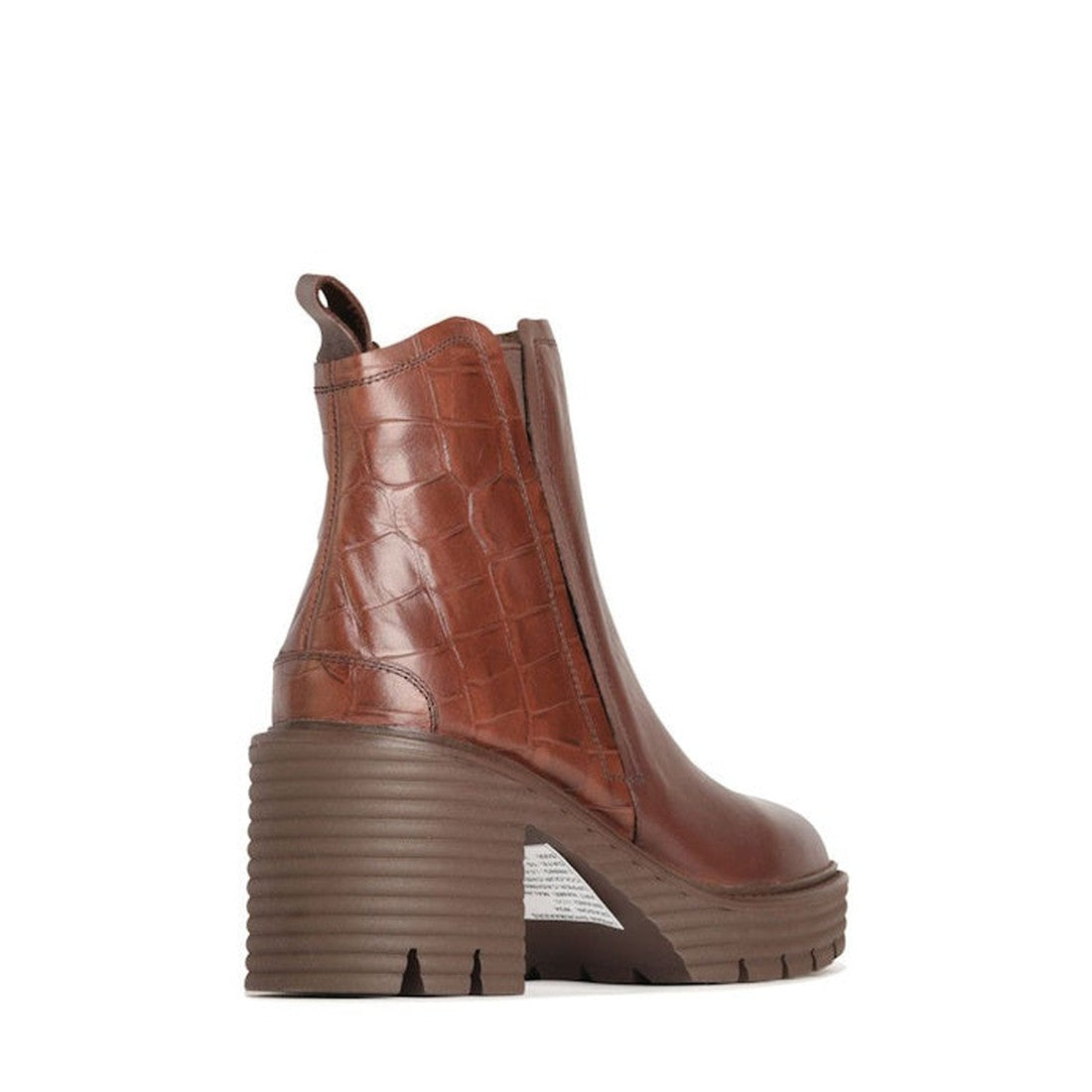 The EOS Malina Chestnut Heeled Leather Boot is crafted from crocodile-embossed cashmere leather, featuring a chunky ridged block heel, side zipper, and rear pull tab. Displayed at an angle to highlight the outer side., 36548, 9321191197258, 9321191197265,