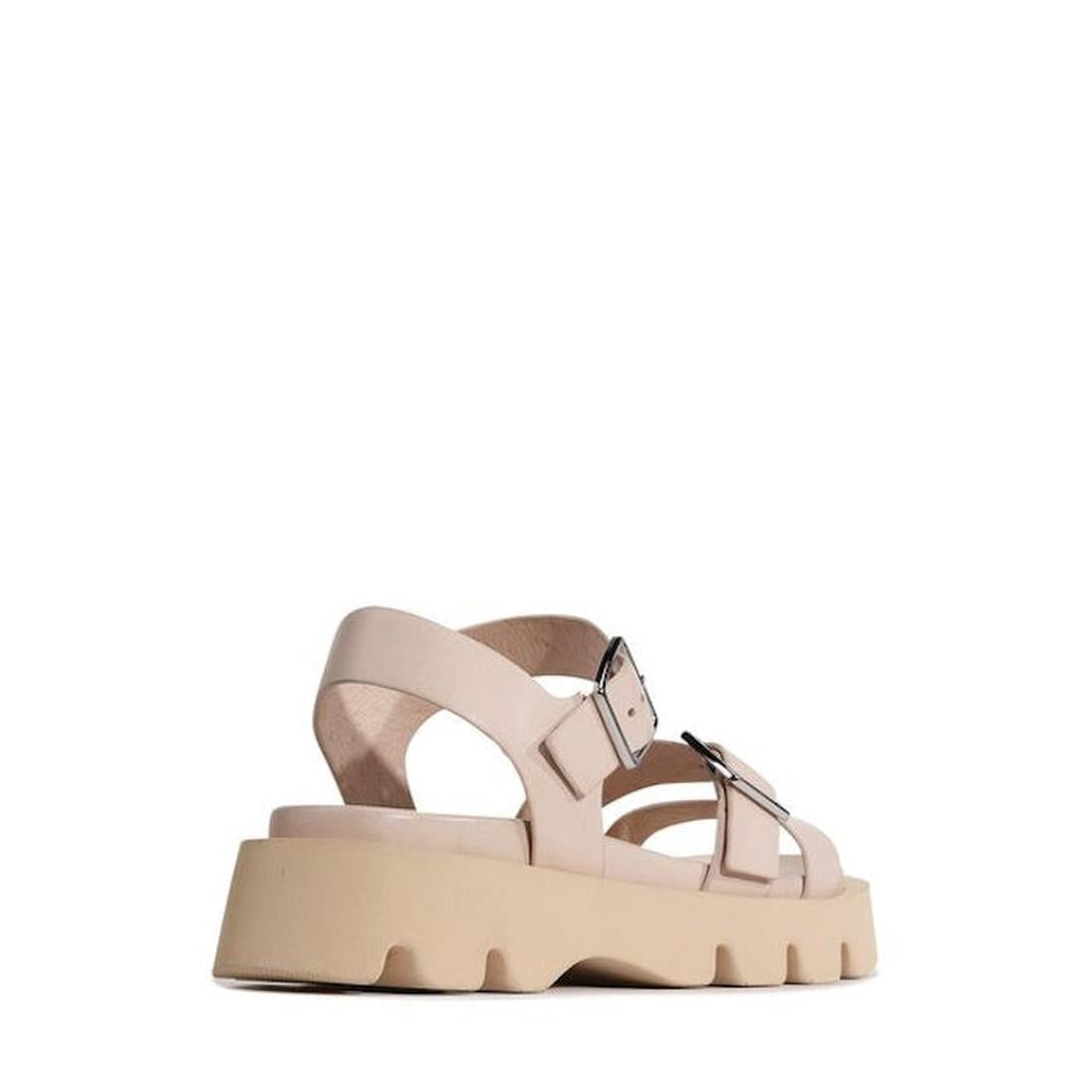 The EOS Monn Birch Women's Leather Buckle Sandal in beige features two adjustable buckle straps, an anatomical footbed, and a thick, grooved sole, shown from the back on a white background., 48019, 9321191311913, 9321191311920, 9321191311937, 932119131194