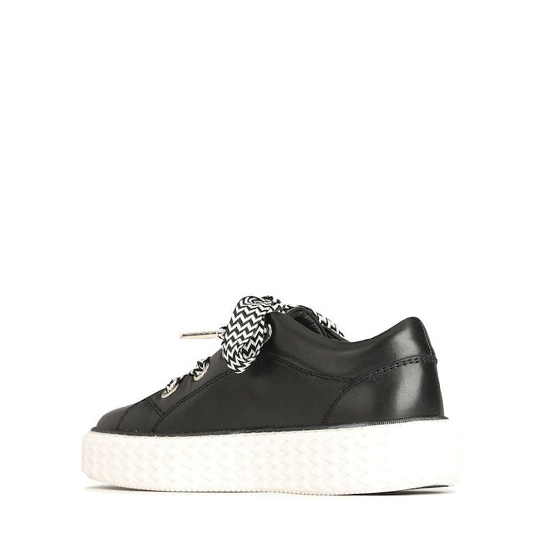 The EOS Trinsic Black Leather Lace Up Trainer features cashmere leather, a thick white chevron-patterned outsole, and black-and-white laces. Shown in profile on a plain white background. Part of the TRINSIC collection., 36520, 9321191200897, 9321191200903