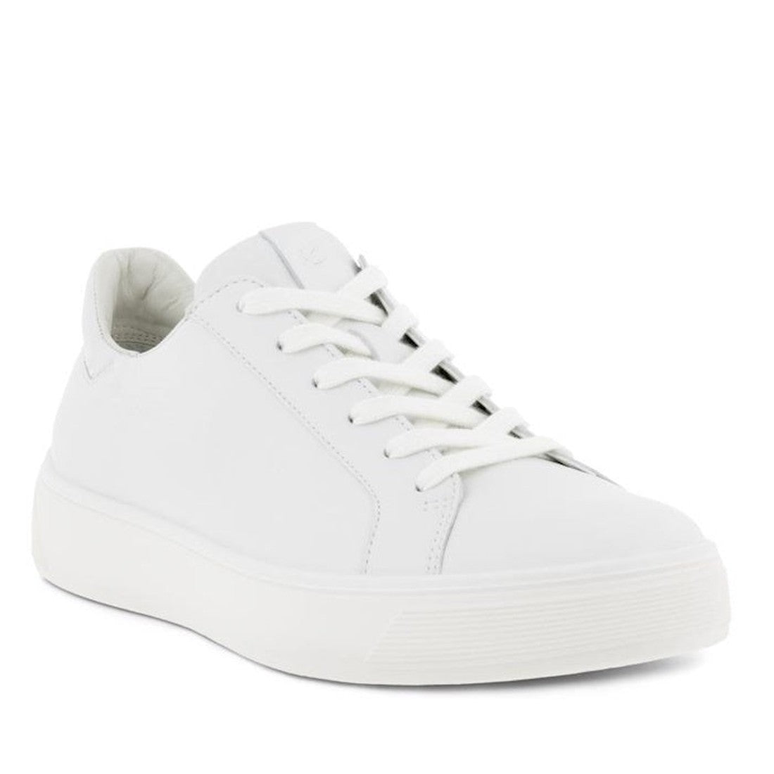 Ecco Street Tray White Womens Leather Sneaker—sleek white style with comfy textured rubber sole and easy white laces, on white backdrop.  ksnz