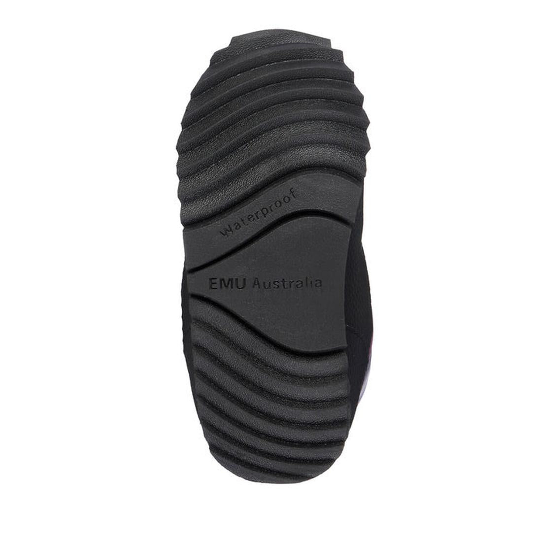 EMU Kids Tarlo Midnight Waterproof Wool Boot showcases a sturdy black sole with wavy grip, embossed logo, and cozy secure closure.  ksnz