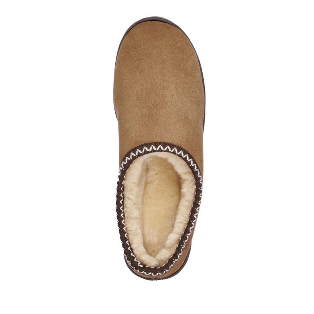 EMU NZ Emu Platinum Outback Scuff Slipper for all ages in chestnut suede, plush cream sheepskin inside, easy slip-on, sturdy sole.  ksnz