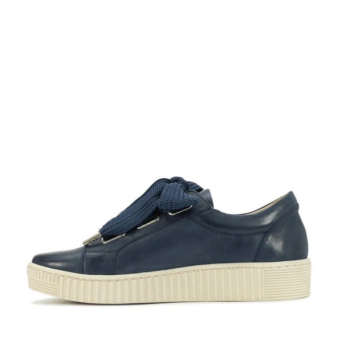 The EOS Jovi Leather Trainer in Navy features Italian Aniline leather, thick navy laces, silver eyelets, a chunky textured off-white rubber sole, and side zip, shown from the left against a white background., jovinv36, jovinv37, 9321190926798, jovinv39, 9