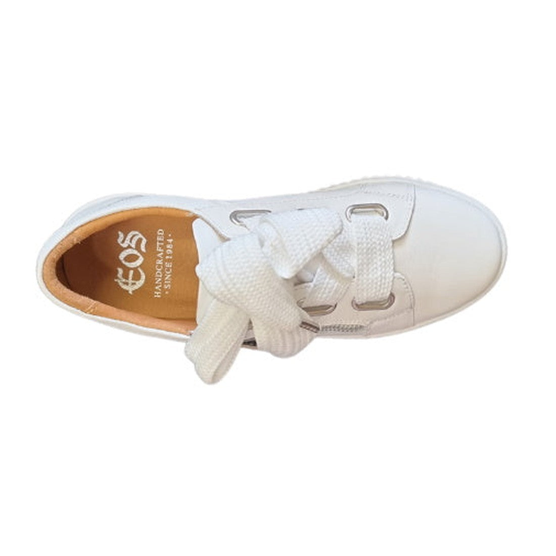 Top view of the EOS Jovi Leather Trainer in white, featuring large laces, a side zip, tan inner lining, and "EOS Handcrafted" on the insole. Crafted from Italian aniline leather and displayed on a plain white background., 9321190926989, 9321190926996, 932