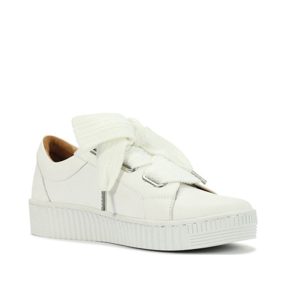The EOS Jovi Leather Trainer is a stylish white lace-up sneaker crafted from Italian Aniline leather, featuring a thick sole, metallic accents, oversized textured ribbon laces tied in a bow, a smooth finish, low-cut design, and convenient side zip.