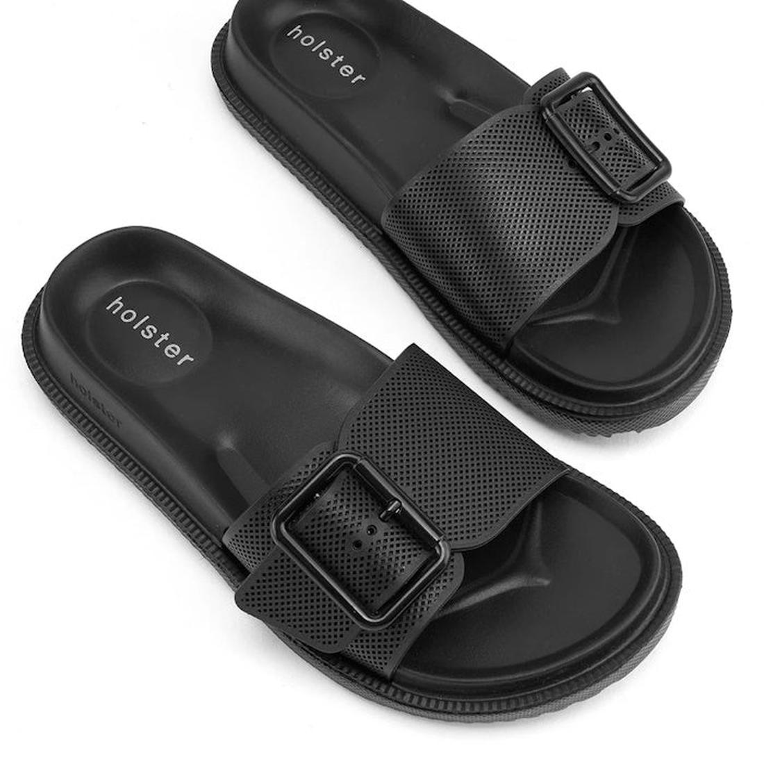 Holster Laze Black Summer Single Strap Slide—comfy black slides with a perforated wide strap, sturdy sole, and easy buckle closure.  ksnz, 47372, 9337771012088, 9337771012095, 9337771012101, 9337771012118, 9337771012125, 9337771012132