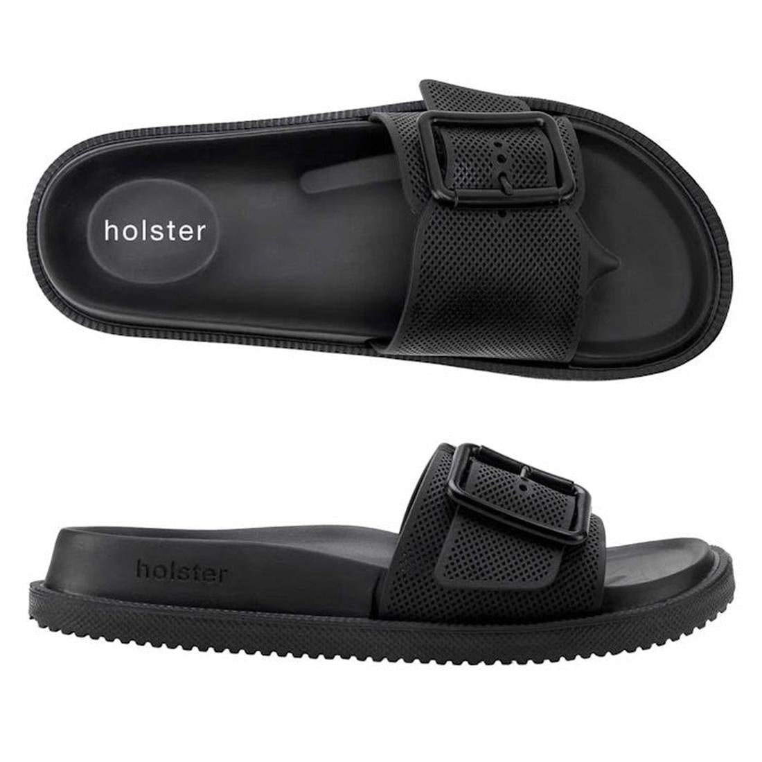 Holster Laze Black Summer Single Strap Slide sandal, soft black sole, easy adjustable buckle, comfy perforated strap for all-day play.  ksnz, 47372, 9337771012088, 9337771012095, 9337771012101, 9337771012118, 9337771012125, 9337771012132