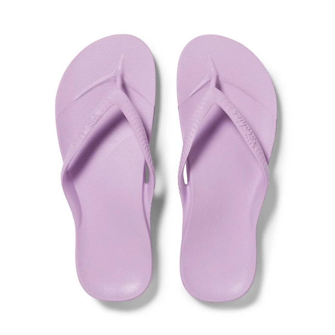 Archies Footwear Arch Support Jandal in Lilac, comfy sandals with supportive textured soles and easy wide straps, shown from above.  ksnz