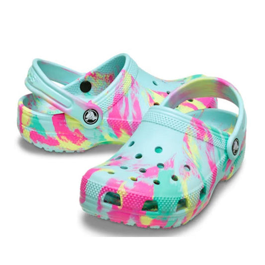 Crocs Kids Toddlers Classic Clog K Marbled Aquamarine Multi—colorful slip-on clogs with soft soles, easy heel strap, and airy holes.  ksnz