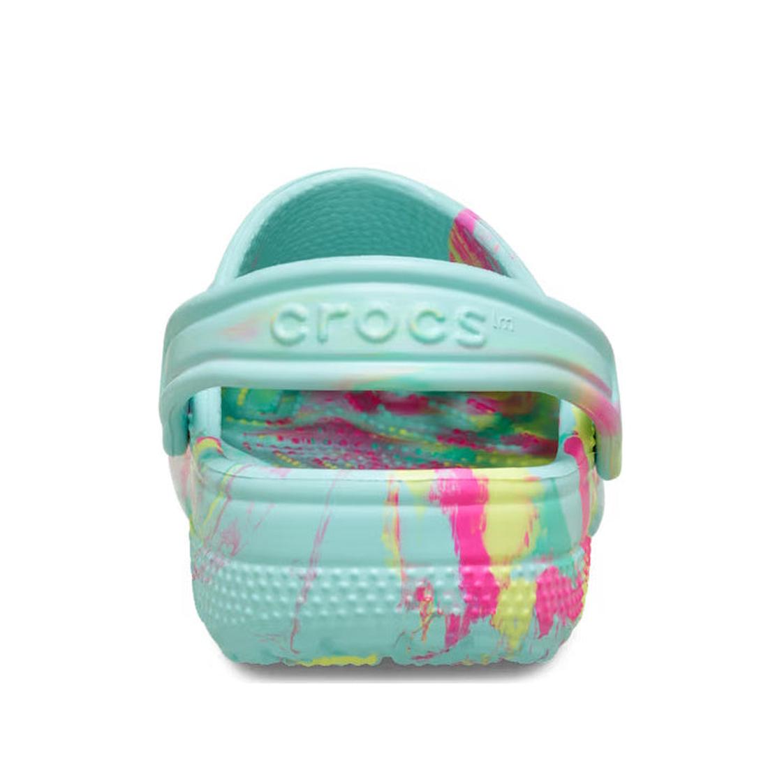 A back view of the Crocs Kids - Marbled Clog Sandal Aqua Pink Youths shows a light blue clog with colorful pink, yellow, and light green splatters, a swivel heel strap, and the Crocs logo embossed for a playful finish., 198445271489, 198445271496, 1984452