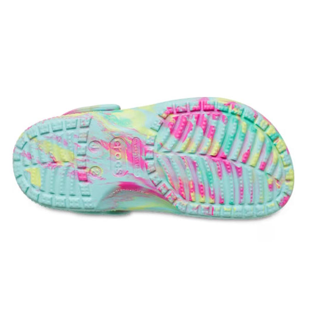 The image shows the sole of the Crocs Kids - Marbled Clog Sandal Aqua Pink Youths, featuring a vibrant turquoise, pink, and yellow pattern with deep treads for traction and visible branding and size details., 198445271489, 198445271496, 198445271502, 1984