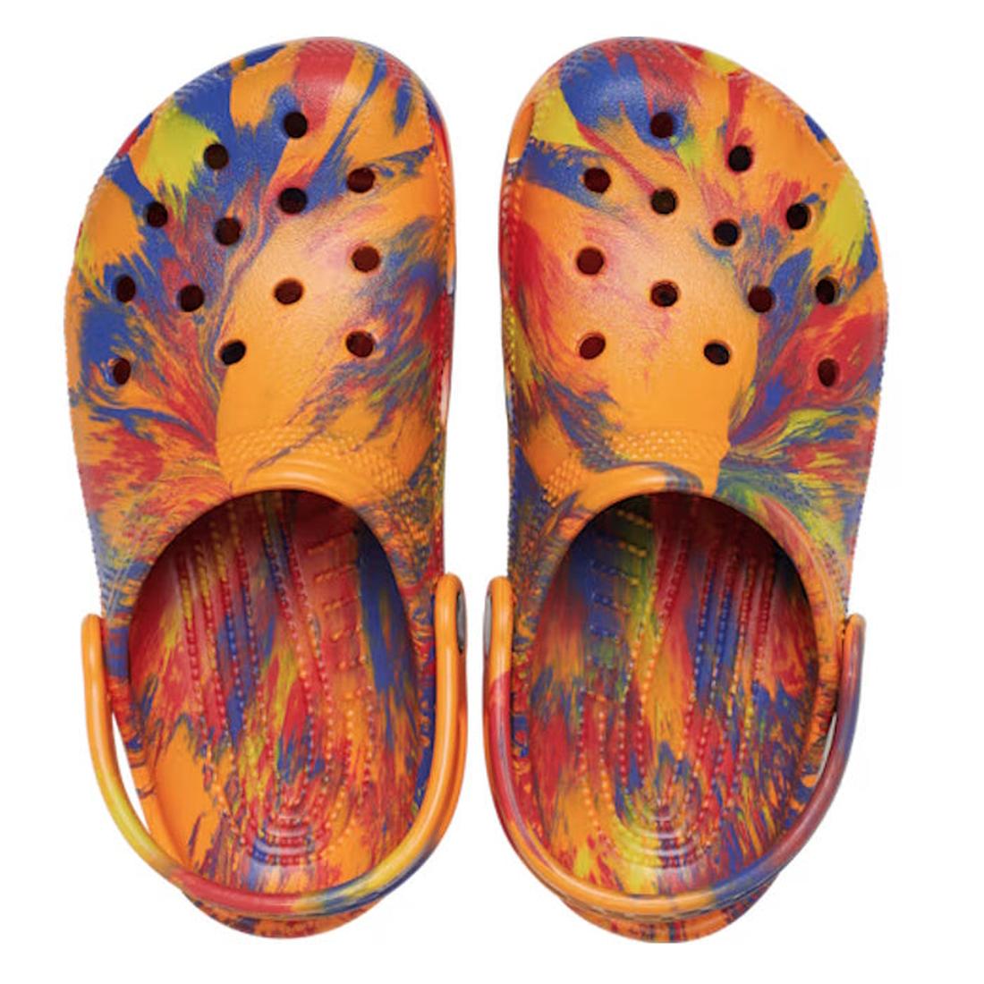 Crocs Kids - Marbled Clog Sandal Orange Zing Youths features a vibrant marbled pattern, classic ventilation holes, and pivoting heel straps., 198445271571, 198445271588, 198445271595, 198445271601, 198445271618, 198445271625, 198445271632, 198445271649, 4