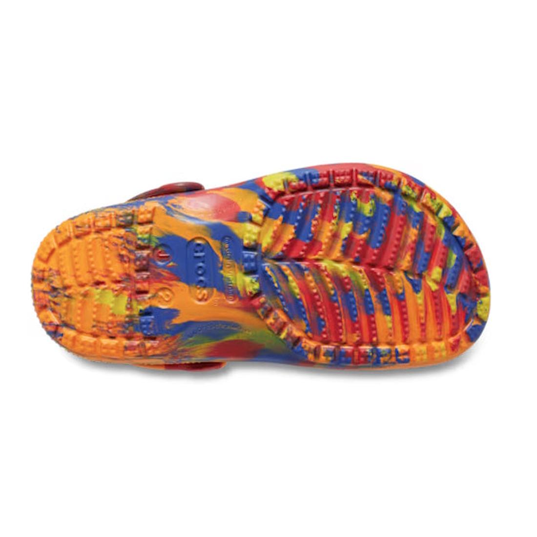 The Crocs Kids Marbled Clog Sandal Orange Zing Youths features a vibrant marbled sole with orange, yellow, blue, and red hues, plus textured tread for grip—reminiscent of playful paint-splatter patterns., 198445271571, 198445271588, 198445271595, 19844527