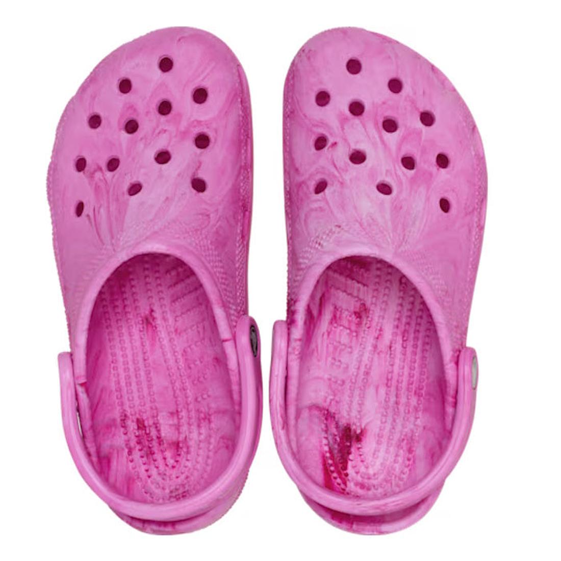 A pair of Crocs Kids - Watercoloured Marbled Clog Sandal Pink Swirl Youths, featuring ventilation holes and textured Croslite foam footbeds, displayed side by side on a white background., 198445279645, 198445279652, 198445279669, 198445279676, 19844527968
