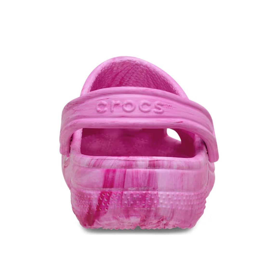The Crocs Kids - Watercoloured Marbled Clog Sandal Pink Swirl Youths is shown from the back, highlighting a textured heel strap with embossed Crocs branding. Made with Croslite foam, the sandal is displayed on a white background., 198445279645, 1984452796