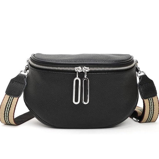 Black Sassy Duck Lilly crossbody bag with a strap featuring beige and brown pattern on a white background
