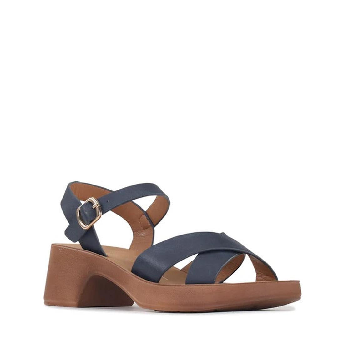 Los Cabos Alegra Navy Wedge Platform Backstrap Sandal, with comfy navy crisscross straps, a secure ankle buckle, and brown wedge sole.  ksnz