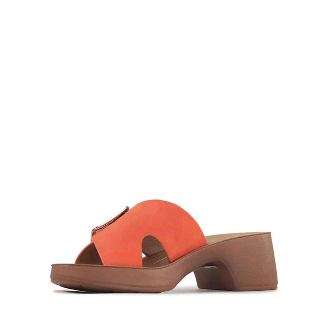 The Los Cabos Alegro Tangerine Wedge Platform Sandal is a stylish vegan orange sandal with a wide strap, open toe, chunky brown mid-heel, and contoured footbed, shown on a plain white background for modern appeal and comfort., 9321191292595, 9321191292601