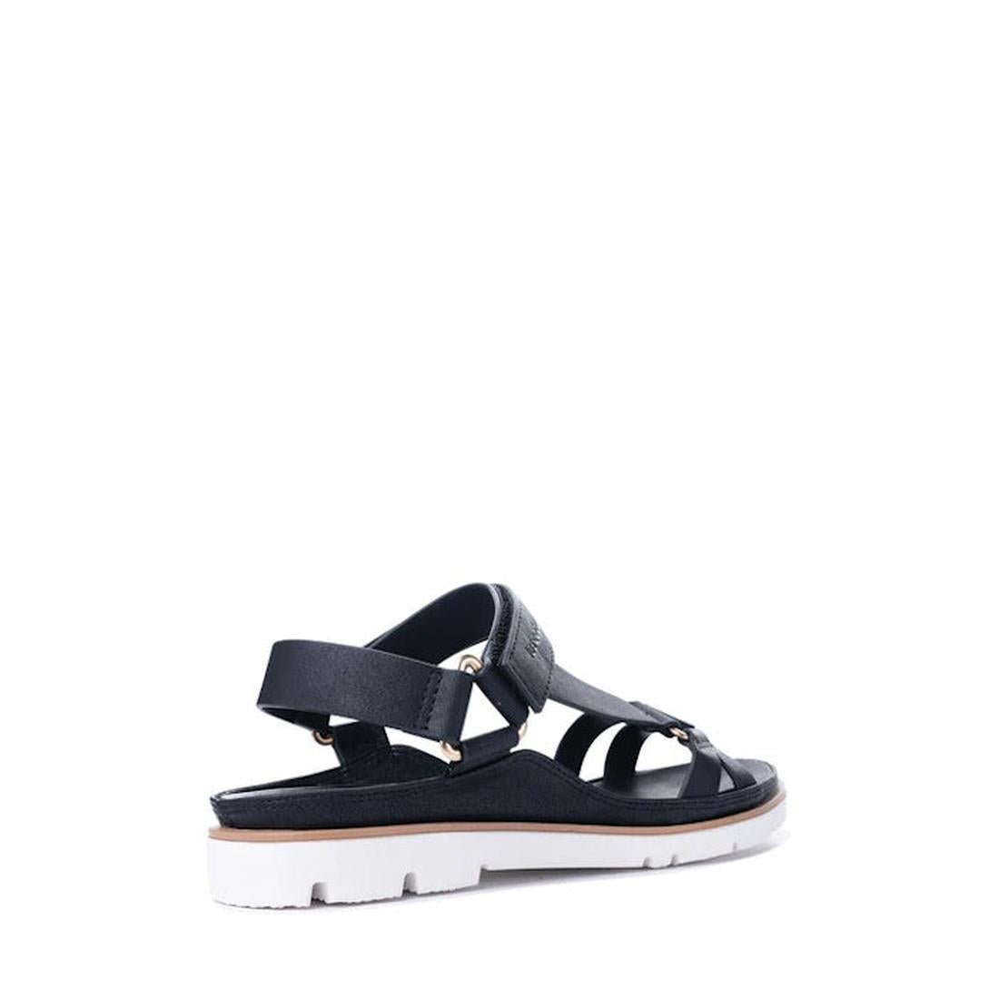 Los Cabos Ashanti Black Sandal With Back Strap, comfy vegan leather, sturdy ridged white sole, tan midsole; back left view on white.  ksnz