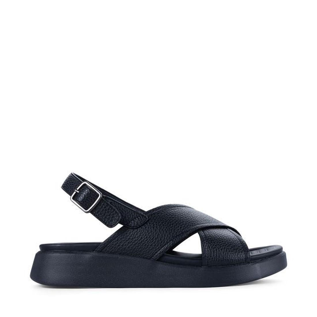 The Los Cabos Bogota Black Womens Summer Sandal Back Strap features a thick sole, two wide textured vegan leather front straps, and an adjustable heel buckle. These comfy sandals are shown on a plain white background., 9321191295107, 9321191295114, 932119