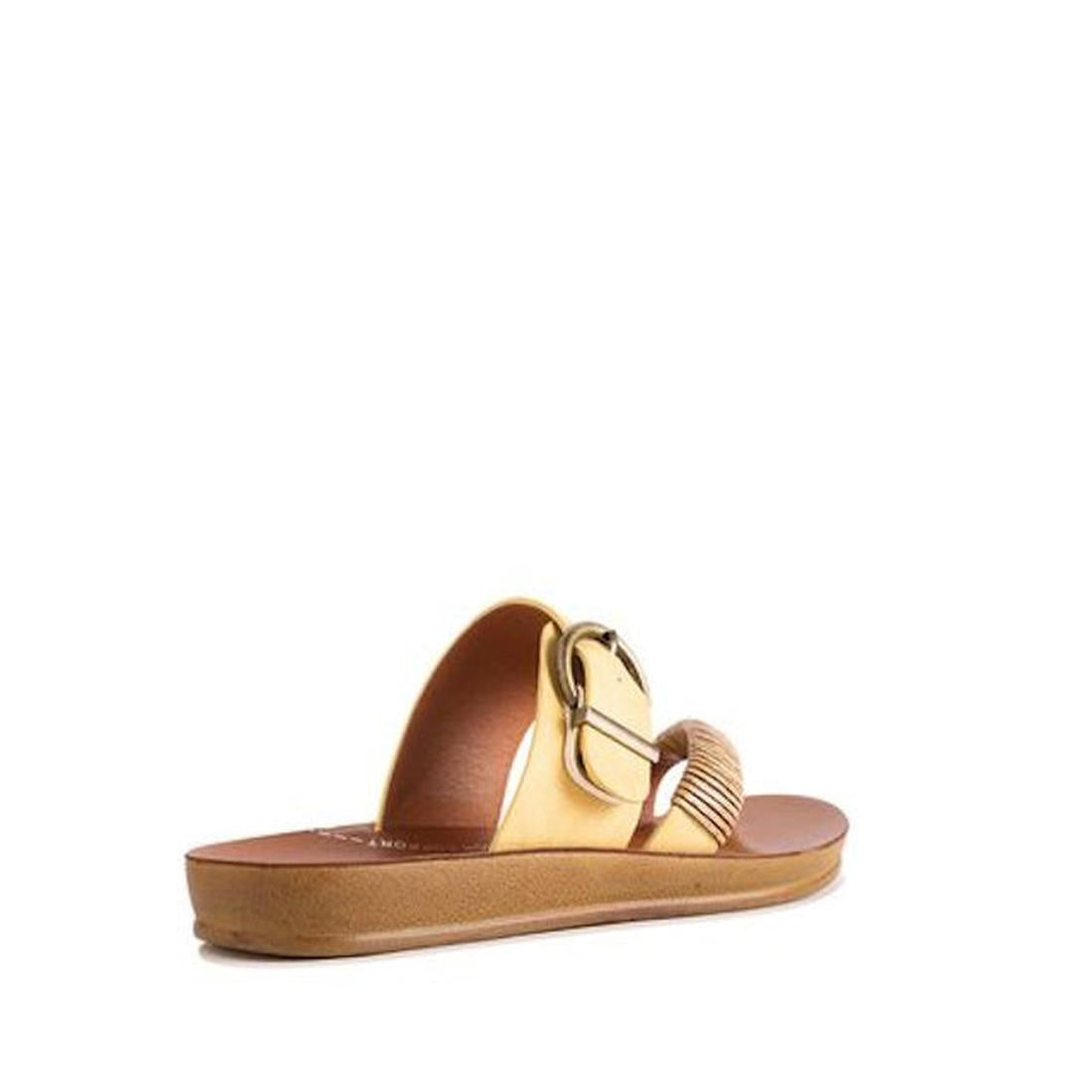 The Los Cabos Bria Sunset Light Flexible Sandal Jandal is a tan and gold open-toe sandal with a brown sole, large gold buckle, and bamboo-textured straps, shown angled against a white background., 46928, 9321191296098, 9321191296104, 9321191296111, 932119