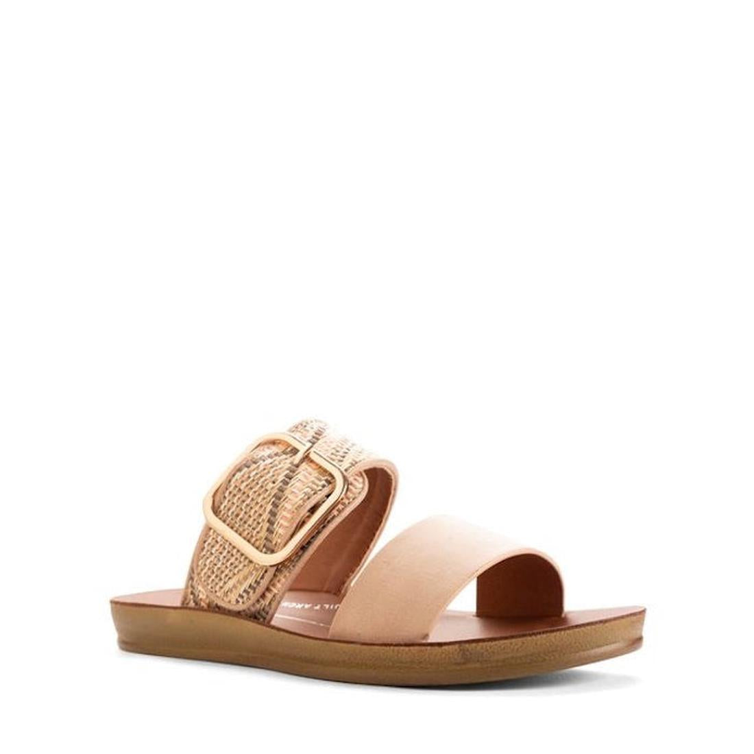 The Los Cabos Doti Taupe Multi Light Flexible Sandal is a women’s slip-on with a wide front strap, woven mid strap with large gold buckle, and flat sole—perfect summer sandals shown on a white background.